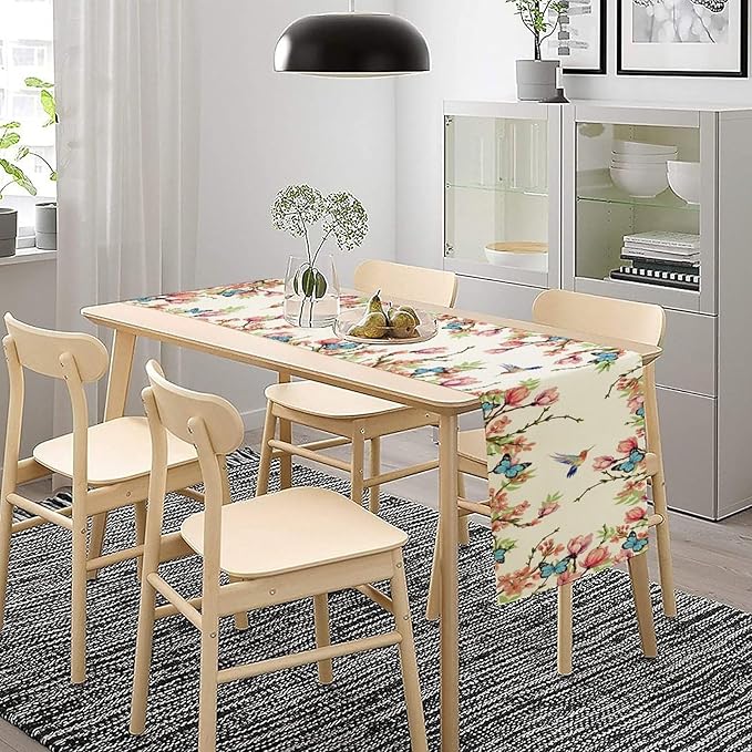 Floral Butterfly Table Runner Seasonal Spring Flower Bird Table Decoration Table Runner for Home Party Decoration 13x90 Inch