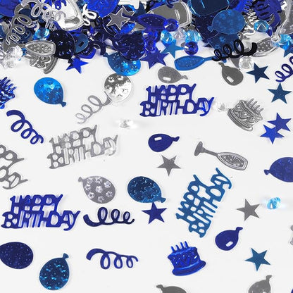 VHUWE Happy Birthday Confetti, 1.6 oz Dark Blue Light Blue Silver Cake Balloon Star Goblet Bottle Glitter Confetti for Boys Girls Kids Women Men Happy Birthday Party Table Decorations Supplies