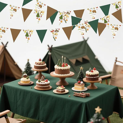 32Ft Camping Party Decorations Green Brown Camper Triangle Flag Fabric Banner Pennant Garland Streamers for Camping Birthday Glamping Baby Shower Campfire Adventure Woodland Travel Party Decor