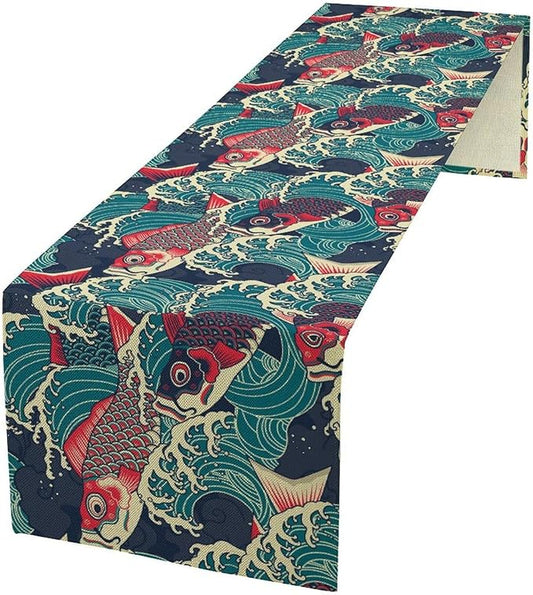 Kio Fish Table Runner Waves Japanese Tradition Art Printed Burlap Runner Home Kitchen Dining Table Living Room Decor Fabric 1 Panel W13xL108in