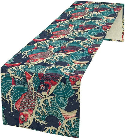 Kio Fish Table Runner Waves Japanese Tradition Art Printed Burlap Runner Home Kitchen Dining Table Living Room Decor Fabric 1 Panel W13xL60in
