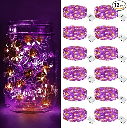 btfarm 12 Pack Fairy Lights Battery Operated [3 Modes], 7ft 20 Led Orange Purple Twinkle Lights String Lights Waterproof Bulk Mini Silver Wire for Halloween Mason Jars Vases Table Centerpiece Decor
