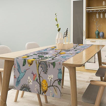 Table Runner with Flowers and Birds, Spring Plant Flowers Table Decoration Linen Table Runner Family Party Party Decorations 13x108 Inches