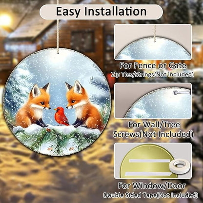 Christmas Round Fox Metal Tin Sign - Red Bird Winter Vintage Sign for Home & Outdoor Decorations - 12 * 12 in