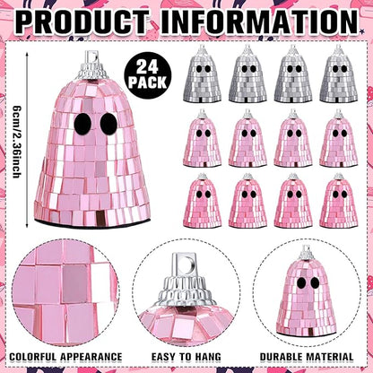 24 Pcs Halloween Disco Ghosts Decor Halloween Ornament Silver Mirror Disco Skeleton Tabletop Centerpiece for Holiday Cosplay Home Props Gift Party Decorations (Pink)