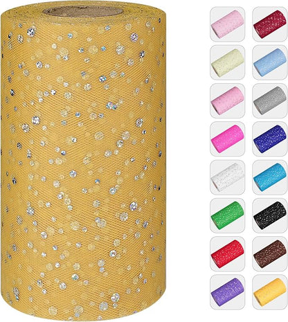 Glitter Tulle Rolls, 6” by 50 Yards (150FT) Sequin Tule Netting Fabric Tulle for Tutu Skirts Sewing Birthday Wedding Party Decoration (Gold)