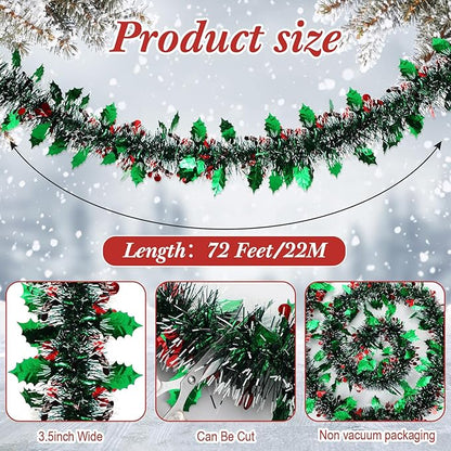 72 Feet Christmas Tinsel Garland Shiny Metallic Tinsel Twist Garland Streamers Ornaments Long Glitter Christmas Tree Hanging Decorations for Party Holiday Wedding Birthday Tree (Dark Green White)