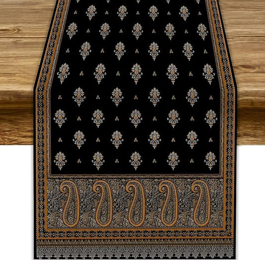 Vintage Paisley Table Runner, Boho Brown Black Flowers Leaves Print Table Runner for Home Dining Kitchen Table Party Wedding Decor, 13x70inch