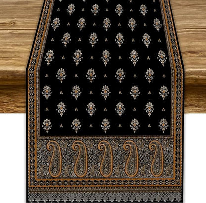 Vintage Paisley Table Runner, Boho Brown Black Flowers Leaves Print Table Runner for Home Dining Kitchen Table Party Wedding Decor, 13x120inch