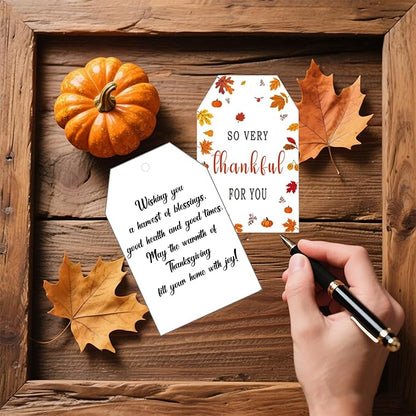 50Pcs Fall Thankful for You Tags, 3.3x2.1 Inch Thanksgiving Gift Tags with String, Thanksgiving Name Tags with Maple Leaf for Autumn Holiday Party Favors DIY Craft Decorations