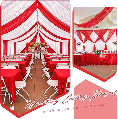 6 Panels Red Ceiling Drapes for Wedding 5ftx30ft Chiffon Fabric Arch Draping Curtains Sheer Drapery for Party Ceremony Birthday Baby Shower Reception Stage Swag Ceiling Decorations