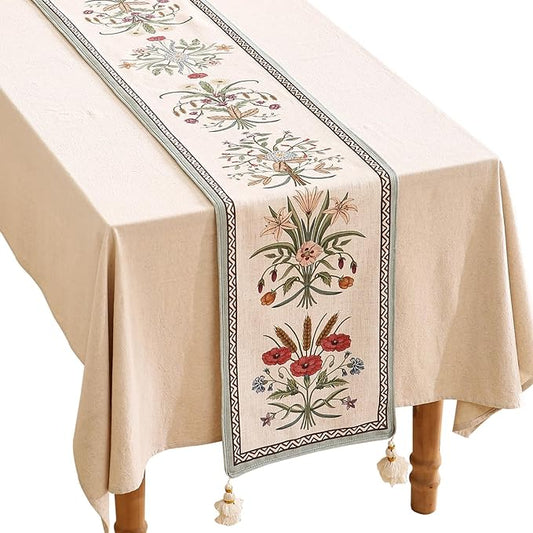 ISAENNE Designer French Country Linen Table Runner 87 Inches Long,Elegant Colorful Floral Pattern Table Runners for Dining Tables,Thanksgiving,Christmas,Kitchen Decor,12"*87"-Serenity F