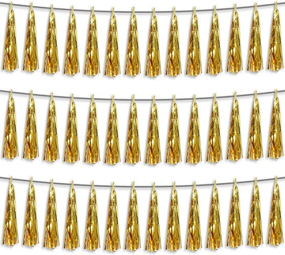 3P Gold Foil Fringe Metallic Tassel Streamers Banner Tassel Garland for Parade Floats, Bachelorette, Wedding, Birthday, Halloween, Christmas, Bridal/Baby Shower Party Decorations