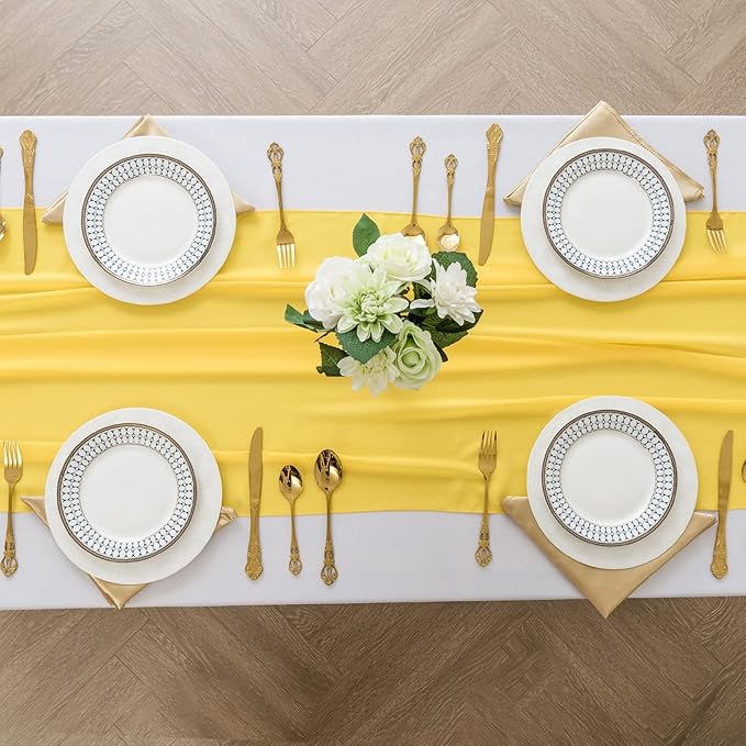 12Pack 9ft Chiffon Table Runner 14x108 Inch Sheer Romantic Table Runner for Wedding Birthday Party Bridal Shower Outdoor Decoration -Yellow