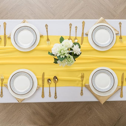 12Pack 9ft Chiffon Table Runner 14x108 Inch Sheer Romantic Table Runner for Wedding Birthday Party Bridal Shower Outdoor Decoration -Yellow