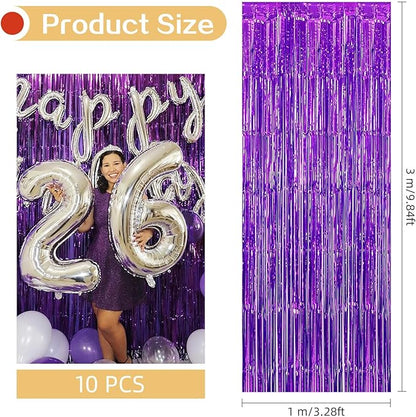 10 Pack Purple Foil Curtain Backdrop 3.2ft x 9.8ft Black Metallic Tinsel Foil Fringe Curtains Streamer Photo Booth Backdrop for Birthday Party Engagement Bachelorette Party Decorations (Purple)