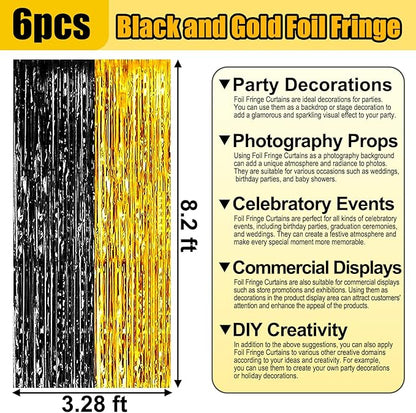 6 Pack Black Gold Foil Fringe Curtain Backdrop, 3.28Ft x 8.2Ft Metallic Tinsel Foil Fringe Streamer Curtains for Photo Booth, Birthday, Wedding, New Year Party Decorations