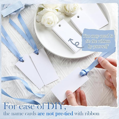 50 Pcs Name Place Cards for Table Setting Blank Wedding Place Cards with Satin Ribbon 1.57 x 3.54 Inch Hanging Gift Tags for Wedding Dinner Banquet Party Table Setting Supplies(Blue)