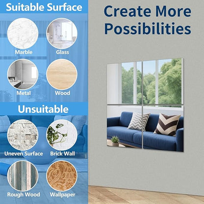 Unbreakable Acylic Small Mirror Tiles for Kids, (4-Pcs 14x14 Inch) Plastic Mirrors for Wall, Stick on Mirrors for Wall Decor, Shatterproof Mirror for Kids Bedroom