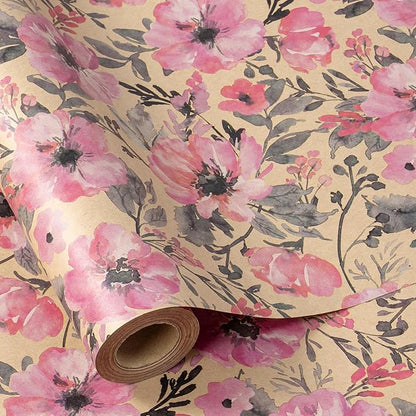 RUSPEPA Pink Flower Gift Wrapping Paper, 17 x 32.8 Feet, Mini Roll, Floral Gift Wrap Kraft Paper Roll for Women, Girls, Spring and Summer, Wedding and Bridal Shower