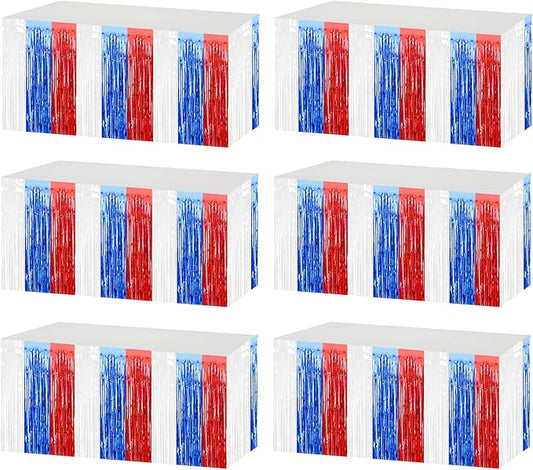 6 Pack 29x108 Inch Red Blue White Metallic Foil Fringe Tinsel Table Skirts for Rectangle Tables Streamer Curtains Backdrop for Wedding, Birthday, Parade Floats, Independence Day Party Decoration