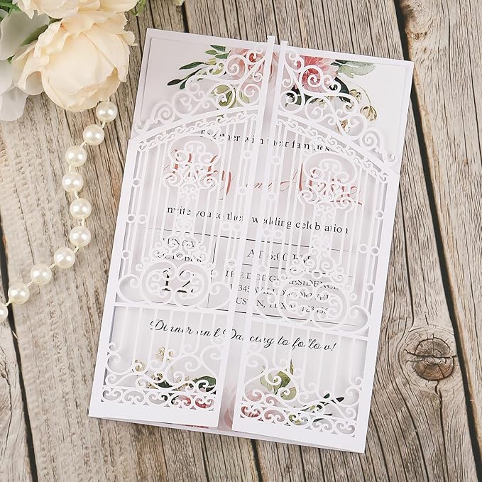 50Pcs White Laser Cut Invitations Fence Wedding Invitations Pocket with Envelopes and RSVP Cards for Wedding Quinceañera Engagement House Warming Invites, Blank Wedding Invitation Card Customizable