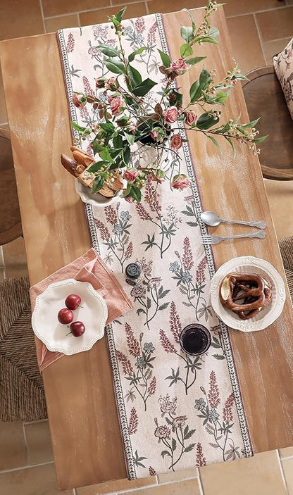 ISAENNE Designer Light Beige Linen Extra Long Table Runner 118 Inches,Vintage Floral Wrinkle Resistant Table Runners for Dining Tables,Christmas,Thanksgiving,Kitchen Tables,12"*118"-Helena A