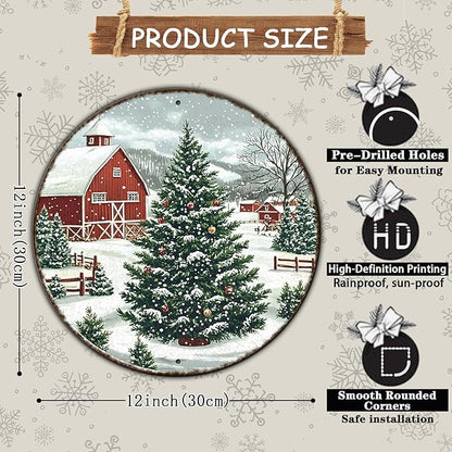 Round Christmas Trees Barn Metal Tin Sign Christmas Vintage Tin Sign for Kitchen Cafe Bar Farmhouse Home Wall Decor Art Winter Decoration 12 * 12 in