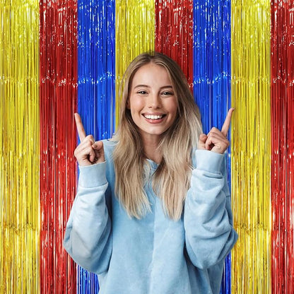 2 Pack Blue Red Gold Foil Fringe Backdrop Curtains, Tinsel Streamers Party Decorations, Fringe Backdrop, Door Shimmer for Birthday Party