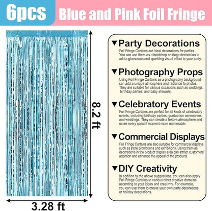 6 Pack Pink Blue Foil Fringe Curtain Backdrop, 3.28Ft x 8.2Ft Metallic Tinsel Foil Fringe Streamer Curtains for Photo Booth,Birthday, Christmas Day, New Year, Wedding Party Decorations