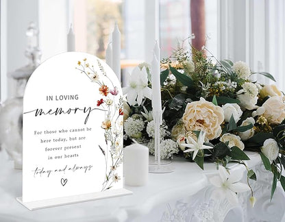 Boho Floral In Loving Memory Sign, 6 x 8 Inch White Arch Acrylic Wedding Sign with Holder, Wedding Sign for Ceremony and Reception, Wedding Decoration, Wedding Supplies - BX04