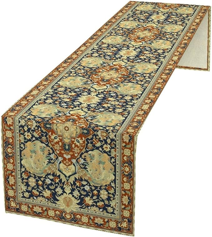 Vintage Boho Floral Table Runner, Elegant Luxurious Rustic Country Farmhouse Navy Blue Gold Retro Flower Pattern for Home Kitchen Table Decor Dining Coffee Room Party Decor 13x72in