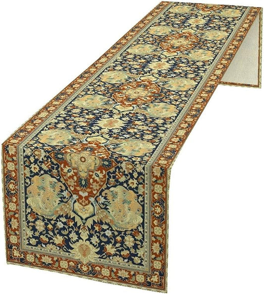 Vintage Boho Floral Table Runner, Elegant Luxurious Rustic Country Farmhouse Navy Blue Gold Retro Flower Pattern for Home Kitchen Table Decor Dining Coffee Room Party Decor 13x90in