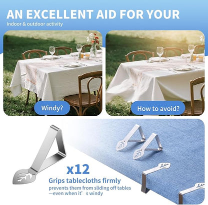 Tablecloth Clips 12 Pack, Heavy Duty Stainless Steel Picnic Table Cloth Holder Clips, Windproof Tablecloth Clips for Outdoor Tables, Perfect for Restaurant Parties, Weddings, Camping