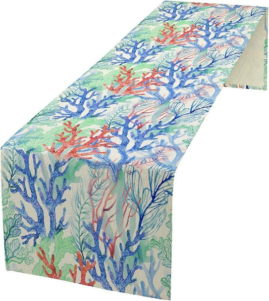 Summer Shell Starfish Table Runner, Seasonal Spring Summer Tropical Ocean Beach Indoor Party Kitchen Outdoor Table Decor 13x36 Inch