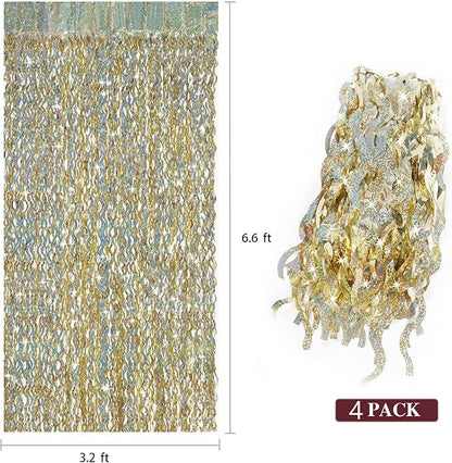 4 Pack Champagne Gold Fringe Curtain Backdrop - CYLMFC 3.3 ft x 6.6 ft Shimmer Wavy Foil Curtain for Birthday Party, Yellow Fringe Backdrop Streamers Party Decorations