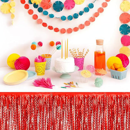 6 Pack 29 x108 Inch Red Wave Foil Fringe Table Skirts Metallic Banner for Tinsel Streamer Garland Backdrop for Parade Floats, Mother's Day, Easter, Wedding, Birthday Party Decoration