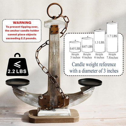 Wooden Anchor Candle Holder Coastal Decor Lake House Decor, Vintage Home Decor Candle Stand Table Centerpiece Candle Holder for 2 Candles, Nautical Decor Beach Decor Large Candles Stand