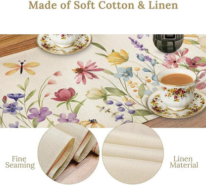 Watercolor Floral Table Runner, Colorful Spring Summer Nature Flower Dragonfly Pattern Print Table Runner for Kitchen Dinning Table Runner Decor Home Wedding Party Holiday, 13x120 Inch