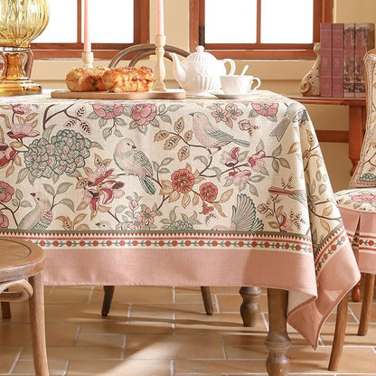 patdrea Designer Pink Linen Table Cloth for Rectangle Table,Vintage Floral with Birds Pattern Decorative Tablcloth,French Table Cover for Kitchen Dining,Thanksgiving,Christmas,55"x71"-Kulom a