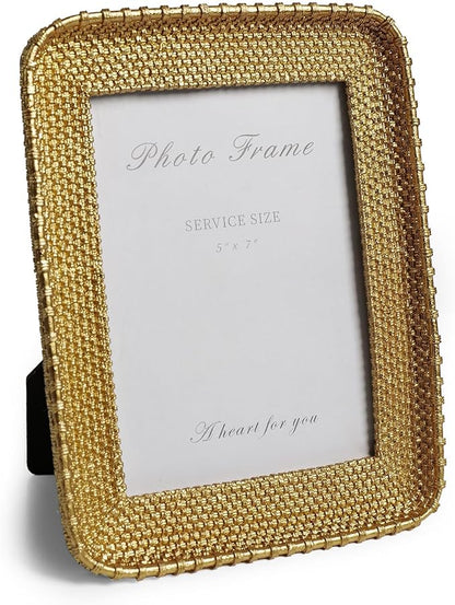 Cuspin Vintage Gold 5x7 Picture Frame, Gold Metal Rattan Textured Hand-Crafted Photo Frame with Glass Front Antique Picture Frame for Tabletop Display & Wall Display, Retro Design Home Decor