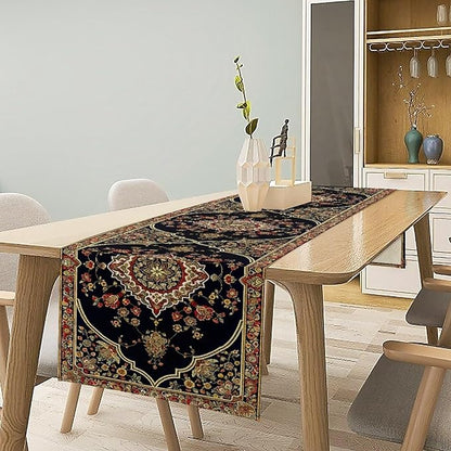 Vintage Boho Floral Table Runner, Rustic Country Farmhouse Black Bohemia Flower Pattern for Home Kitchen Table Decor Dining Cafe Room Wedding Party Decor 13x108in