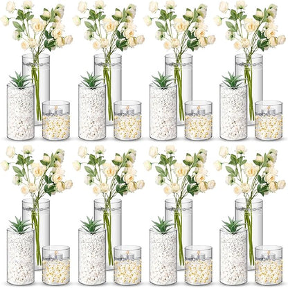 Nuogo 24 Pcs Plastic Cylinder Vases Tall Clear Flower Vases for Centerpieces Hurricane Candle Holder for Home Wedding Office Party Formal Dinners Decorations (4''/6''/8'')
