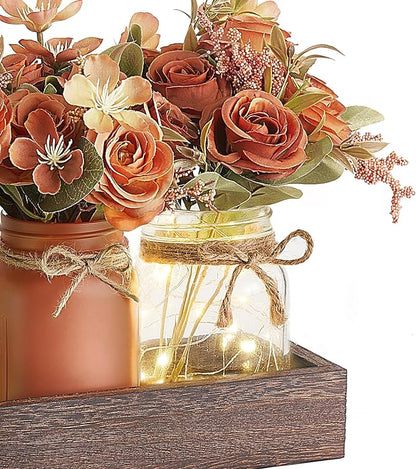 Mkono Mason Jar Lights Centerpiece Table Decorations for Dining Room Farmhouse Coffee Table Decor Tray with 3 Jars Flowers Centerpieces Fall Decor for Kitchen Living Dining Room, Orange