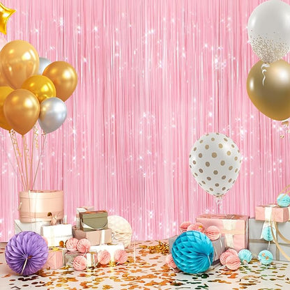 2Pack Pastel Pink Metallic Tinsel Foil Fringe Curtains, Pink Backdrop, Door Streamers Photo Booth Backdrop for Birthday Party, Tinsel Curtain Backdrop for Shower Bachelorette Xmas Party Decorations