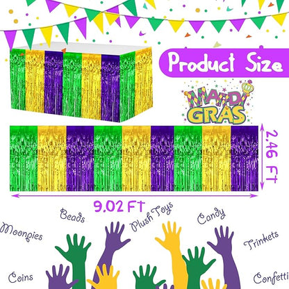 4 Pack 29x108 Inch Mardi Gras Metallic Foil Fringe Tinsel Table Skirts for Rectangle Tables Streamer Backdrop for Wedding, Birthday, Parade Floats, Valentine's Day Party Decoration(Gold Green Purple)