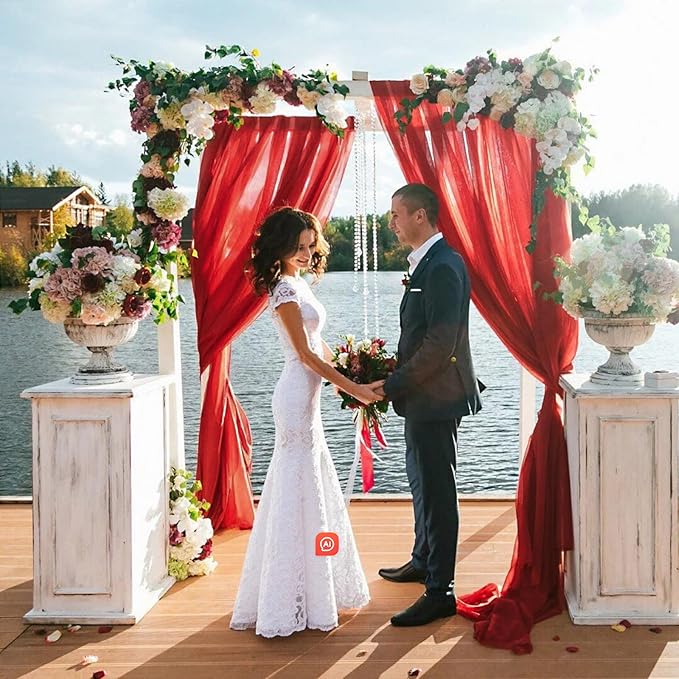 VOK Red Wedding Arch Draping Fabric Chiffon Fabric, 29in x 18Ft 2 Panels Sheer Chiffon Outdoor Curtain for Wedding Ceremony Birthday Party Decoration (Red,2 Panel)
