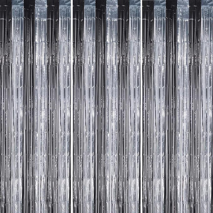 3 Pack Foil Fringe Backdrop - Black&Silver Shiny Tinsel Curtains for Party Decoration/Photo Booth Props - 3.3x8.2 FT Metallic Foil Backdrop for Birthday, Wedding, Graduation, Christmas.