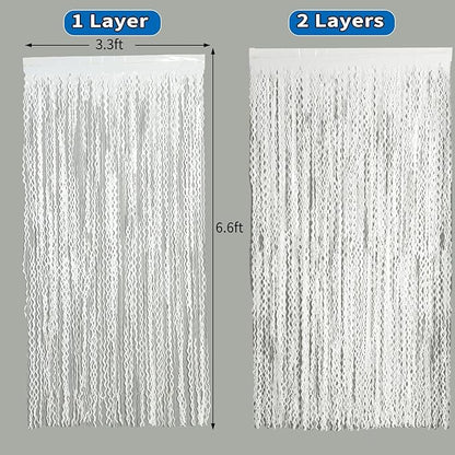 4 Pack White Door Streamers Foil Backdrop - 3.3x6.6ft Metallic Tinsel Foil Fringe Curtains Photo Booth Backdrop for Party Decoration