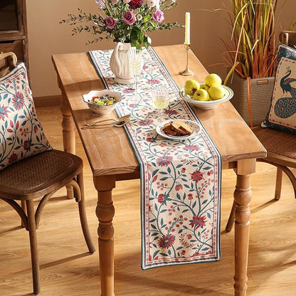 Farmhouse Berry Red Floral Cloth Runner for Coffee Table,71 Inches Long Linen French Table Runners,Decor Tabletop for Kitchen,Dining,Tea Party,Home,Christmas,12"*71"